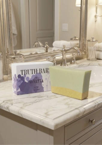 Vonetta Cosmetics Truth Bar on a bathroom counter